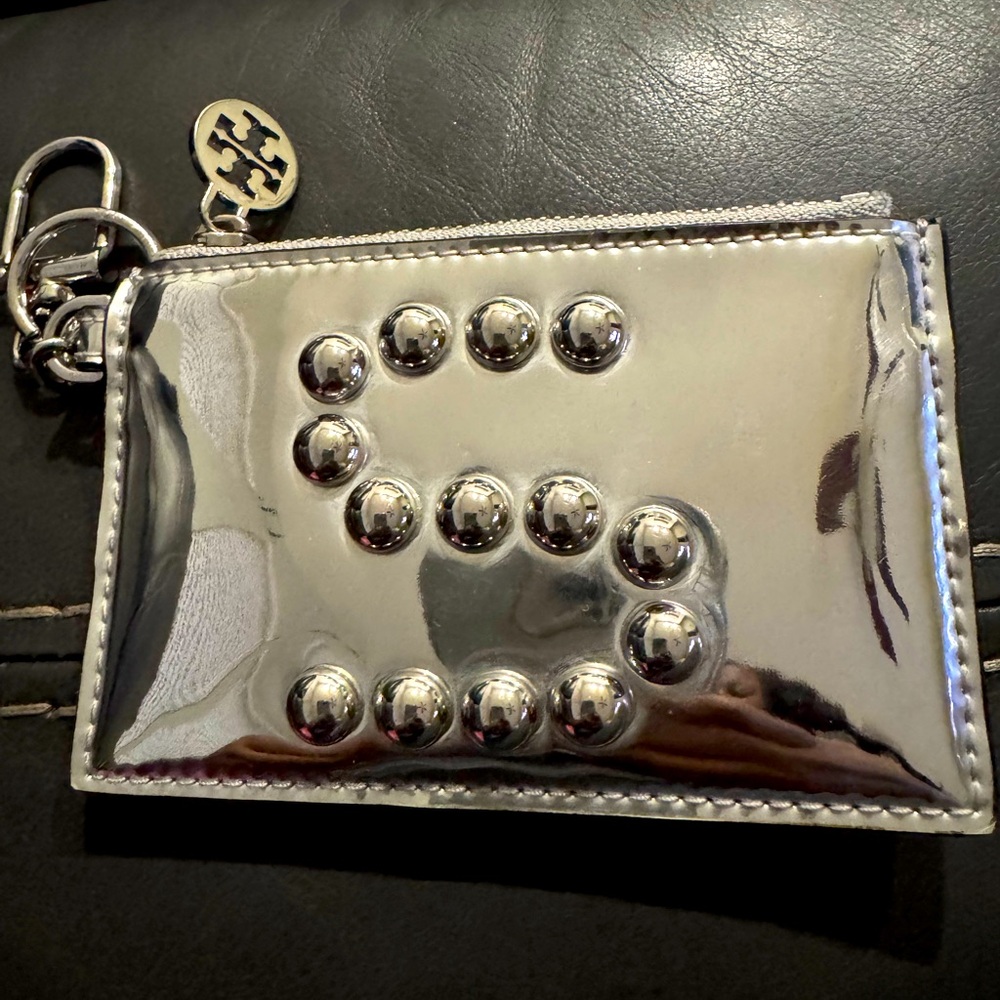 Tory Burch Monogram Card Coin Purse mirrored silver W/ “S”Letter  5"X3"